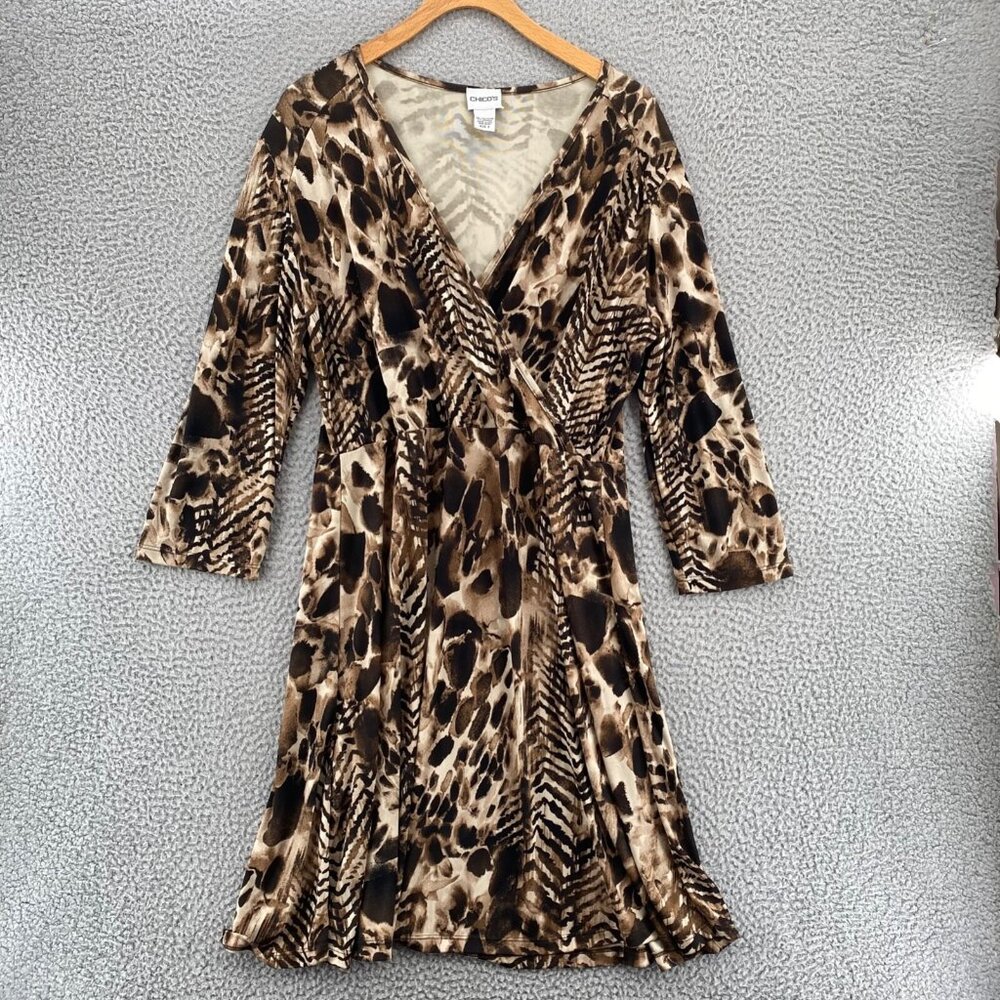 Chicos Dress Womens 2 US 12 Brown Animal Print Faux Wrap Surplice 3/4 Sleeves